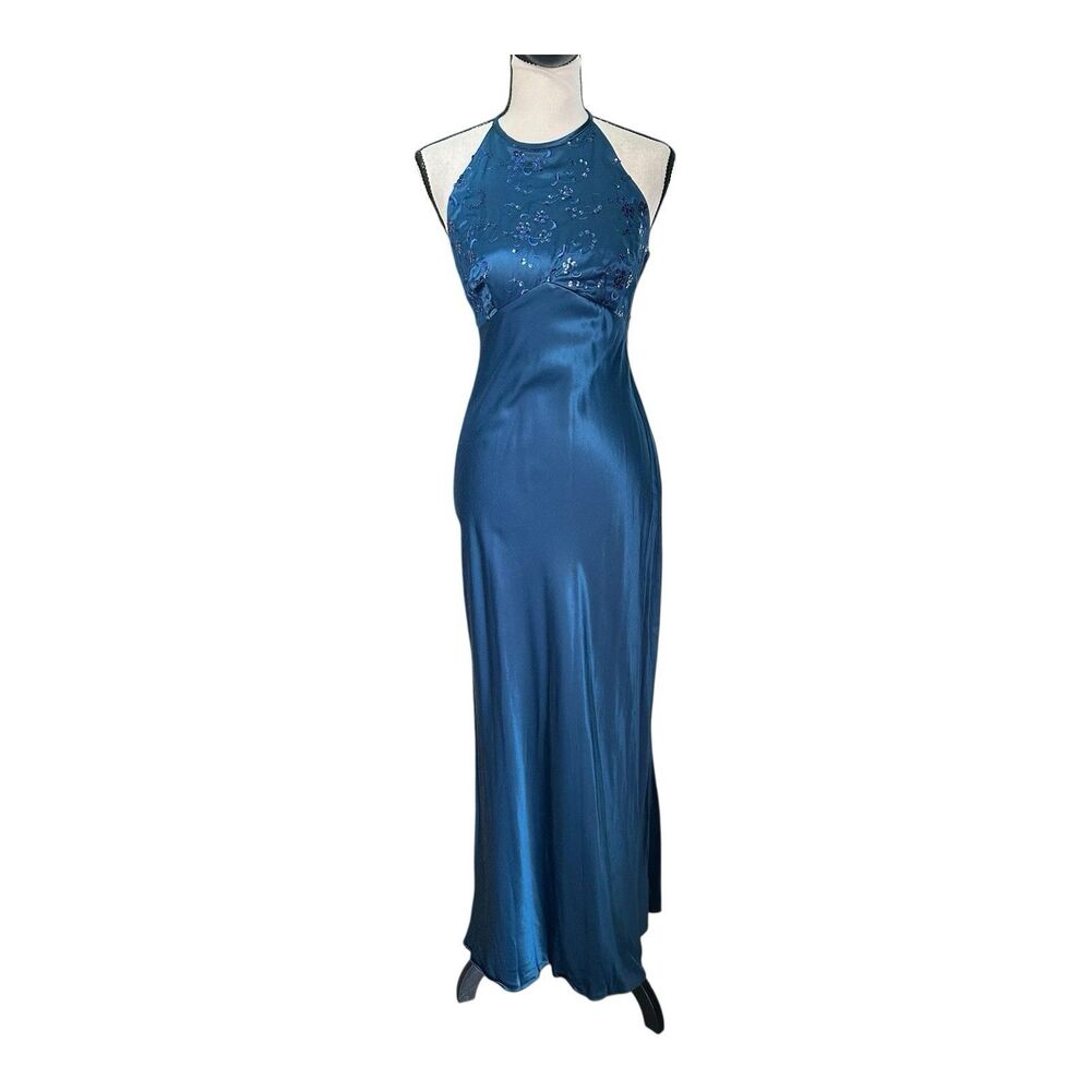 VTG Zum Zum Teal Blue Satin Halter Prom Dress Gown Beaded Bodice Open Back S